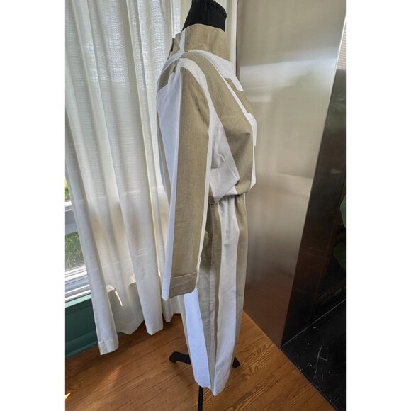 Vintage 80s jumpsuit, taupe & white stripes, avant-garde style, asymmetric top - Picture 6 of 10